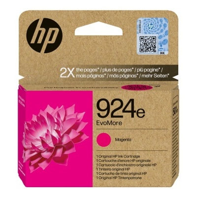 Embalagem de tinta HP 924e EvoMore cor magenta com ilustração de flor rosa