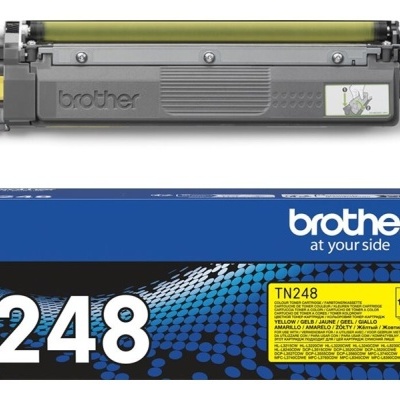 Cartucho de toner Brother TN248 amarelo com respectiva embalagem azul e amarela