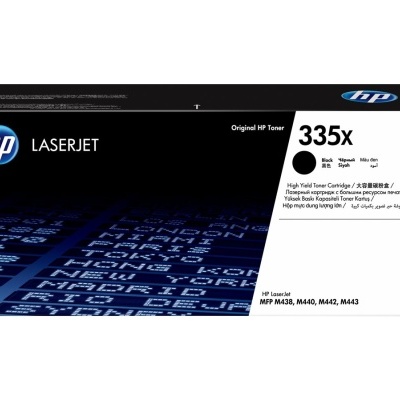 Caixa de toner original HP LaserJet 335x preta e branca com texto e gráficos em azul