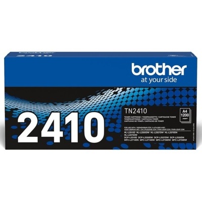 Caixa de toner Brother TN2410 azul e preta com texto branco