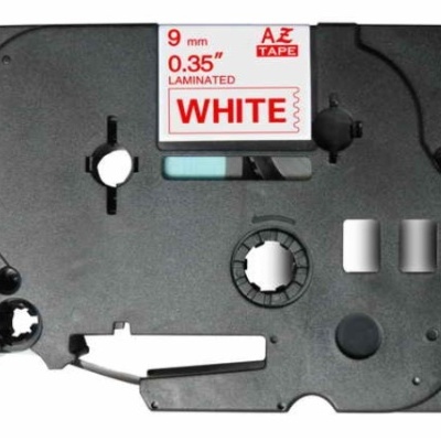 Fita de rotuladora laminada branca AZ TAPE 9 mm numa caixa preta de plástico