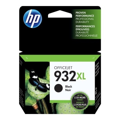 Caixa de tinta HP OfficeJet 932XL preta com texto e cores preto, branco e verde.