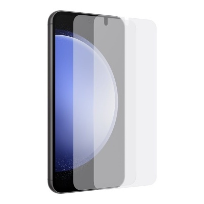 Smartphone preto com ecrã azul e duas películas protetoras transparentes