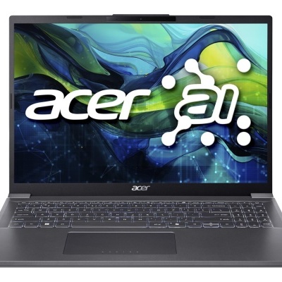 Portátil Acer cinza escuro com ecrã ligado e teclado preto