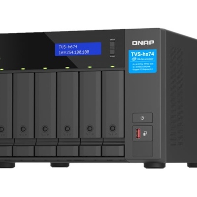 Servidor de armazenamento QNAP TS-hx74 com seis baias para discos e ecrã azul