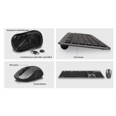 Conjunto de teclado e rato sem fios preto com design fino e armazenamento do receptor USB.