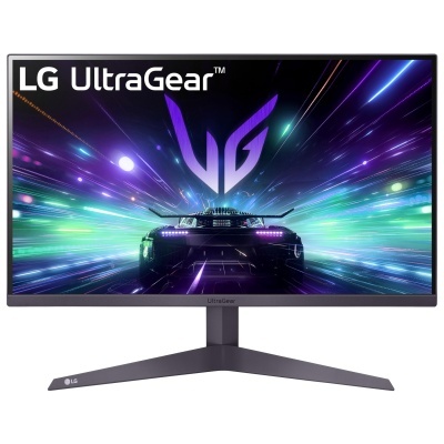 Monitor LG UltraGear preto com imagem colorida e base em T