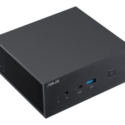 Computador compacto ASUS preto com várias portas frontais e grelha lateral