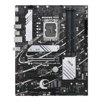 Placa-mãe ASUS PRIME H410-PLUS D4 com texto e detalhes em cinzento em fundo preto