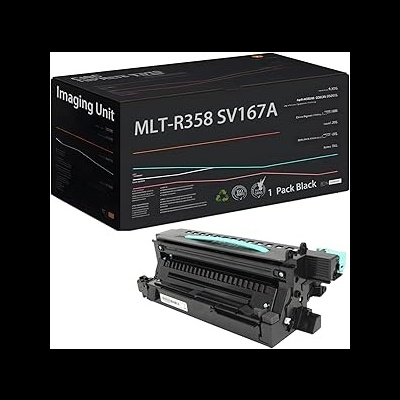 Unidade de impressão MLT-R358 SV167A com caixa preta e unidade de impressão preta com detalhes azul claro no fundo branco.