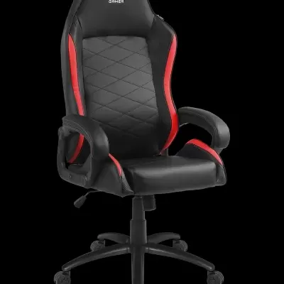 cadeira gaming preta com detalhes vermelhos e rodas