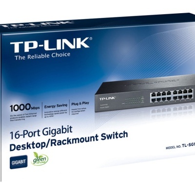 Caixa de um switch de rede TP-LINK com 16 portas Gigabit