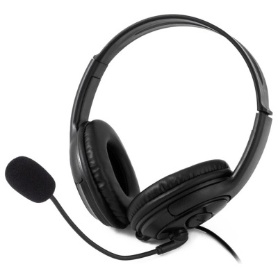 Auricular preto com microfone, fones almofadados e cabo ligado