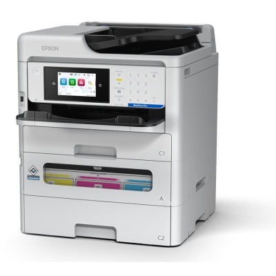 Impressora Epson multifuncional branca e cinza com ecrã tátil e tinteiros coloridos visíveis.