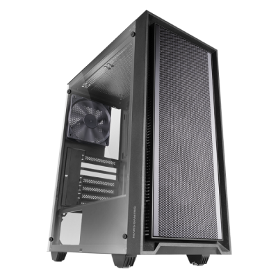 Torre de computador preta com painel em vidro temperado e grelha frontal de metal