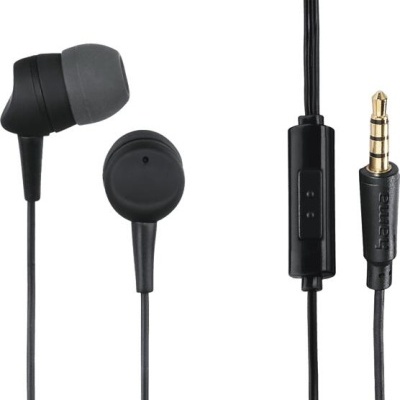 Auriculares intra-auriculares pretos com ponteiras cinza e ficha jack dourada