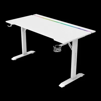 Mesa de escritório branca com suporte para copo e régua colorida