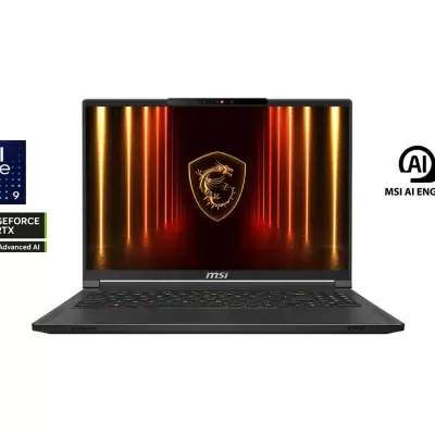 Computador portátil MSI preto com ecrã aberto mostrando logótipo dourado, teclado retroiluminado e etiquetas de tecnologia Intel e Nvidia