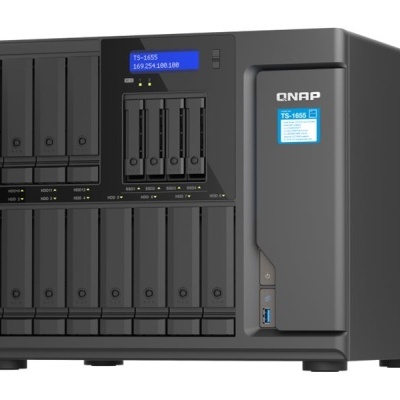 Servidor QNAP TS-1265 preto com ranhuras para discos e painéis digitais azuis