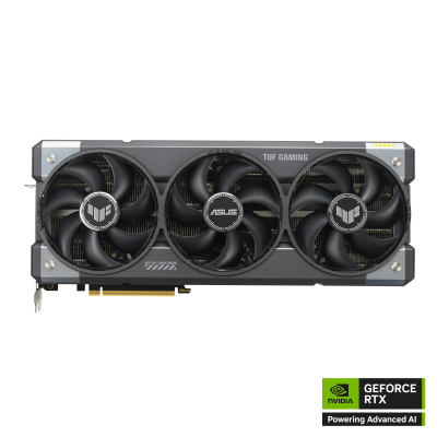 Placa gráfica ASUS TUF GAMING GeForce RTX com três ventoinhas e estrutura metálica cinza