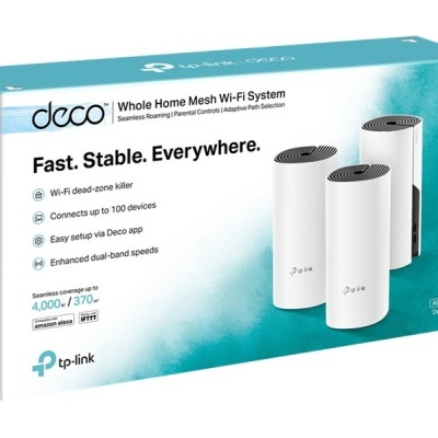 Caixa do sistema Wi-Fi Mesh tp-link Deco M4 com três unidades cilíndricas brancas
