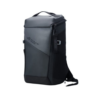 Mochila preta com design geométrico e logotipo ROG GEAR.