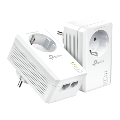 Dois adaptadores de rede TP-Link Powerline brancos com tomadas e LEDs