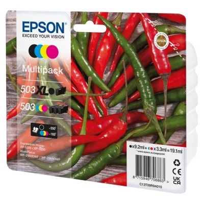 Multipack Epson 503 XL com cinco tinteiros coloridos e imagem de pimentos na embalagem