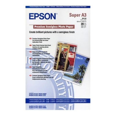 Embalagem de papel fotográfico Epson Super A3 semibrilhante com imagens de fotografias.