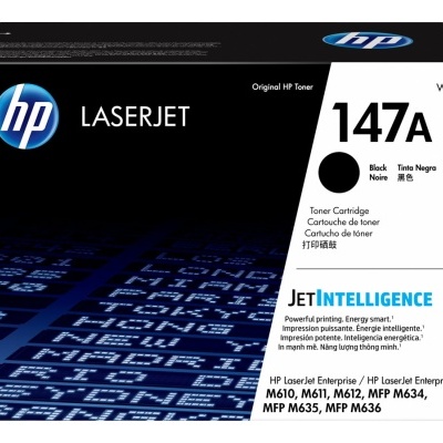 Caixa de toner HP LaserJet 147A preta com texto e design em azul, branco e preto