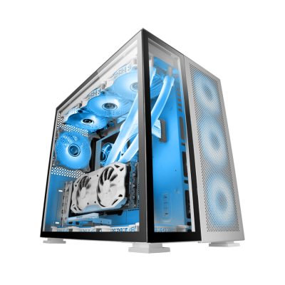 Computador desktop com componentes azuis e brancos visíveis através de caixa em vidro temperado