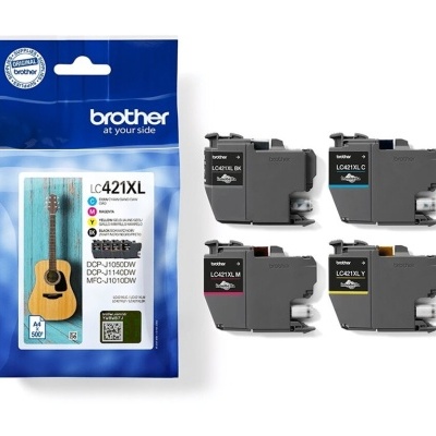 Tinteiros Brother LC421XL preto, ciano, magenta e amarelo ao lado da embalagem azul e branca