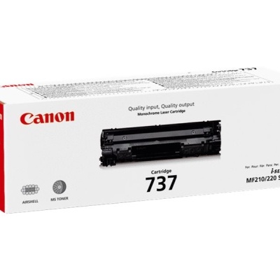 Caixa branca e vermelha de cartucho de toner Canon 737 com texto e imagem do produto