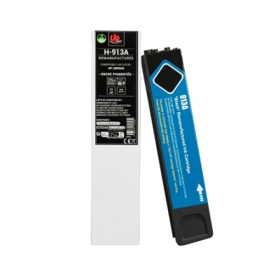 Cartucho de tinta remanufaturado H-913A azul com embalagem preta e branca