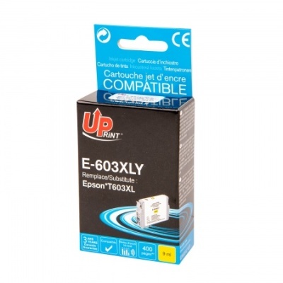 Embalagem preta e azul de cartucho de tinta compatível UP RINT E-603XLY para impressora Epson.