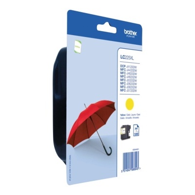 Cartucho de tinta Brother LC225L amarelo para impressora com embalagem azul e guarda-chuva vermelho