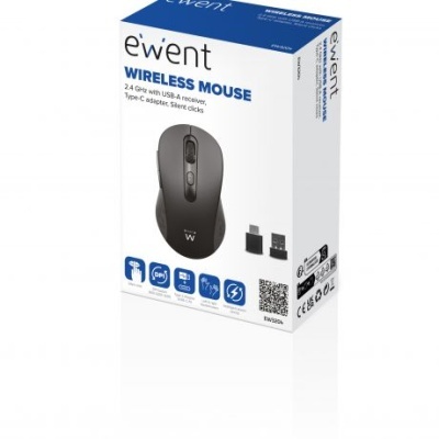 Caixa de rato sem fios ewent preto com receptor USB e adaptador Type-C