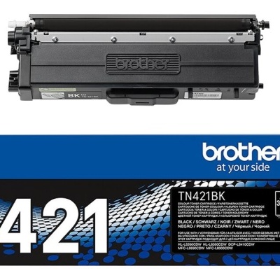 Cartucho de toner preto Brother TN421BK com embalagem azul e preta
