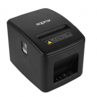 Impressora térmica preta da marca Approx com painel de controlo e aviso de segurança