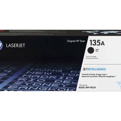 Cartucho de toner HP LaserJet 135A preto com texto e padrão azul