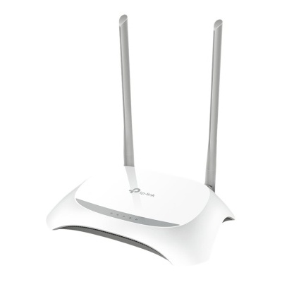 Router Wi-Fi branco com duas antenas verticais cinzentas