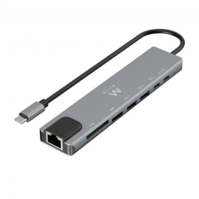 Adaptador USB-C multifuncional cinzento com várias portas e cabo preto
