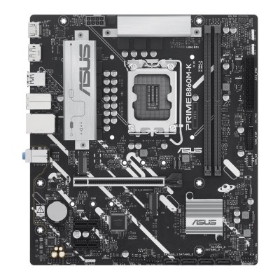 Placa-mãe ASUS PRIME B560M-K com circuito preto e dissipadores prateados