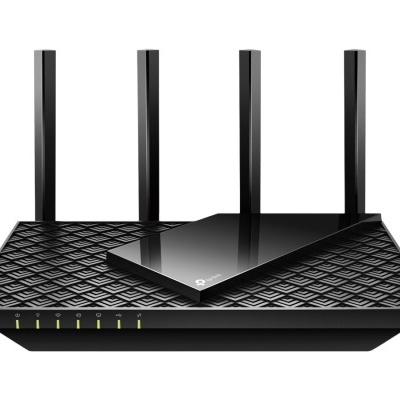 Router sem fios preto com antenas e luzes indicadoras