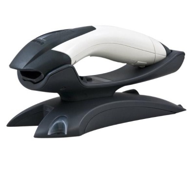 Leitor de códigos de barras preto e branco com base de carregamento