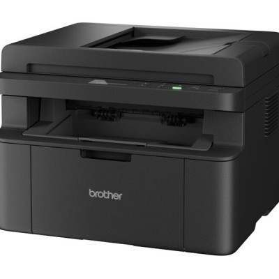 Impressora multifuncional Brother preta compacta com painel de controlo e luz verde