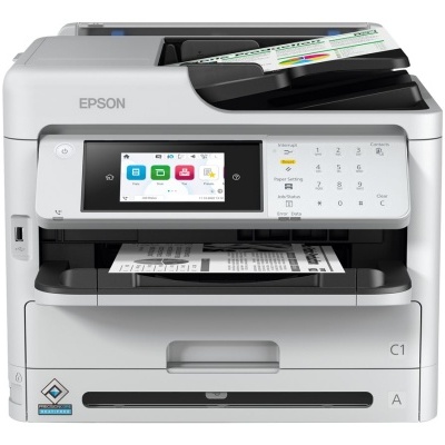 Impressora multifunções Epson branca com ecrã tátil e tabuleiros para papel