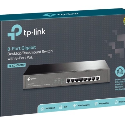 Embalagem de switch TP-Link 8-Port Gigabit Desktop/Rackmount com 8 portas PoE+