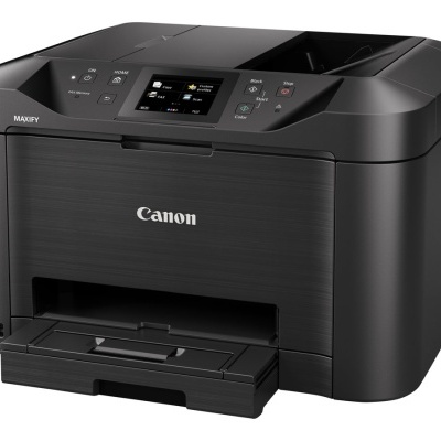 Impressora multifunções Canon preta com ecrã digital e bandeja frontal