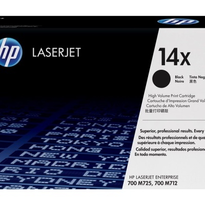 Cartucho de impressão HP LaserJet 14x em caixa preta e branca com texto multilíngue.